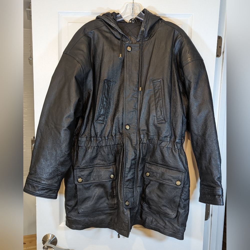 N.YD.A Women's black Leather ling hooded full zip pockets Winter jacket Coat XL